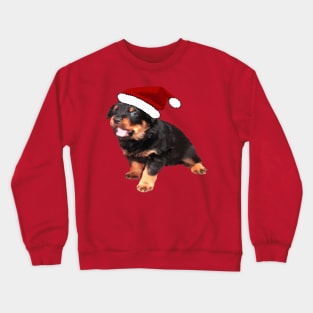 Cute Rottweiler Puppy Wearing Cartoon Santa Hat Crewneck Sweatshirt